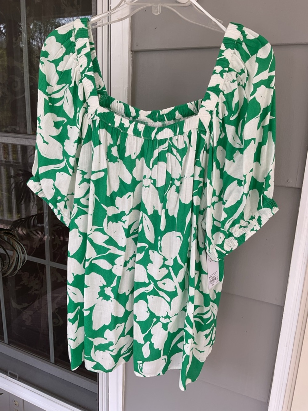 Sonoma Top Womens 2X Green White Square Neck Puff Sleeve Cottagecore Boho NWT